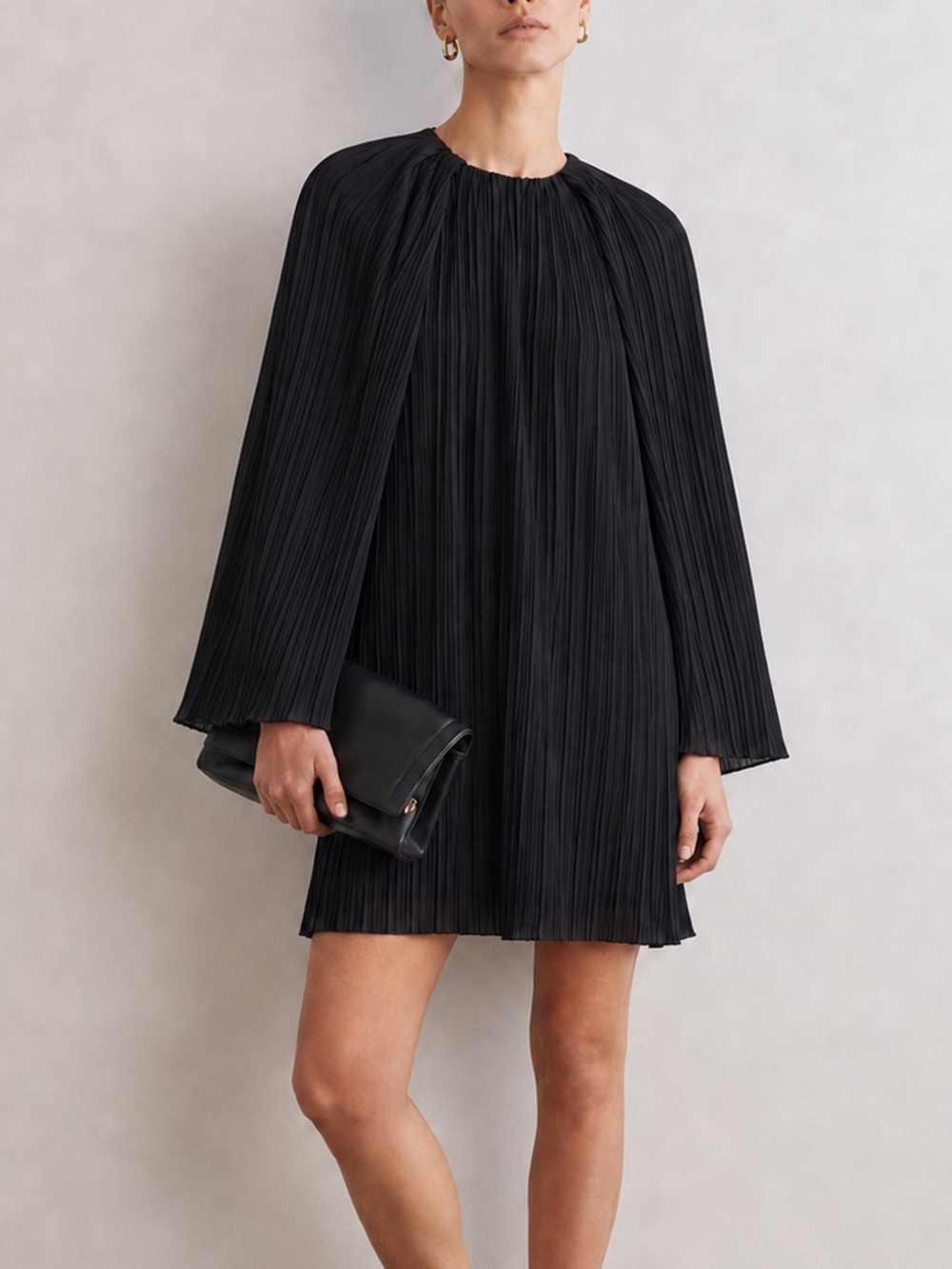 COS Plissé Mini Dress Black Pleated Long Sleeve Draped Shift Size US 6
